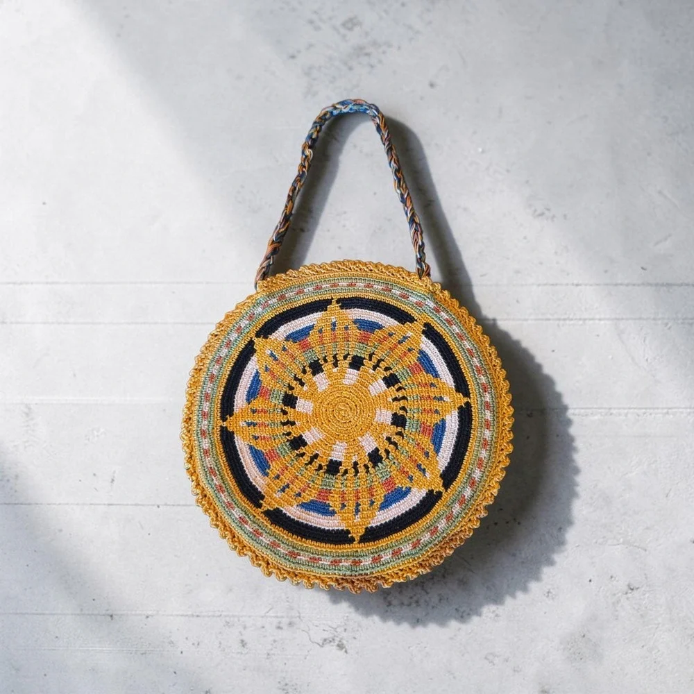 Vintage Knitted Round Boho Ethnic Bag Tribal Artisan Folk Retro Circle Gypsy